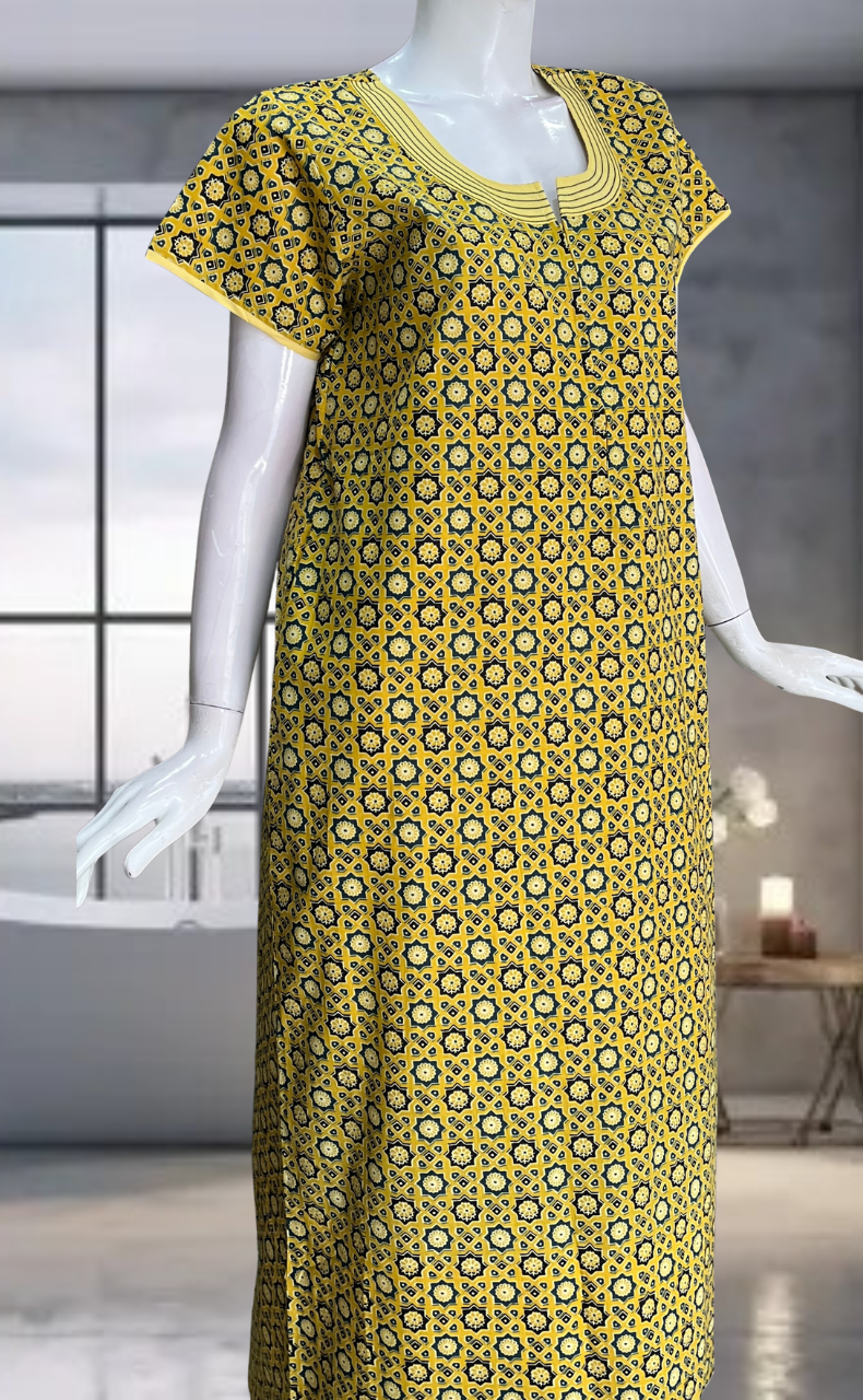 Yellow Ajrakh Pure Cotton Zip Nighty. Pure Durable Cotton | Laces and Frills