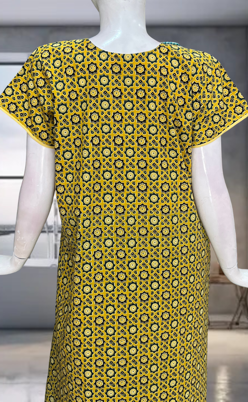 Yellow Ajrakh Pure Cotton Zip Nighty. Pure Durable Cotton | Laces and Frills