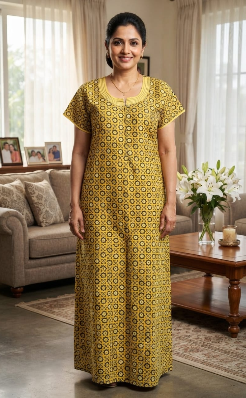 Yellow Ajrakh Pure Cotton Zip Nighty. Pure Durable Cotton | Laces and Frills
