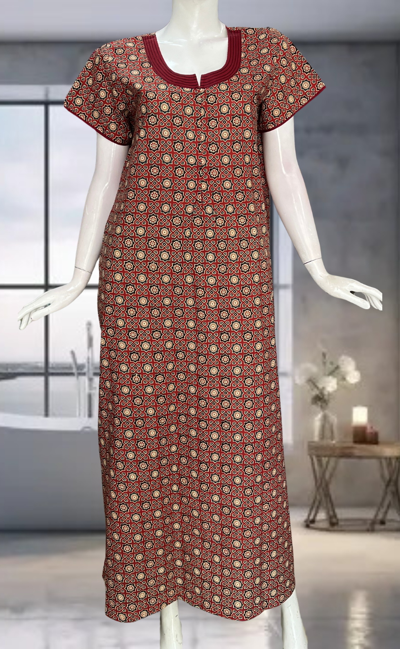 Maroon Ajrakh Pure Cotton Zip Nighty. Pure Durable Cotton | Laces and Frills