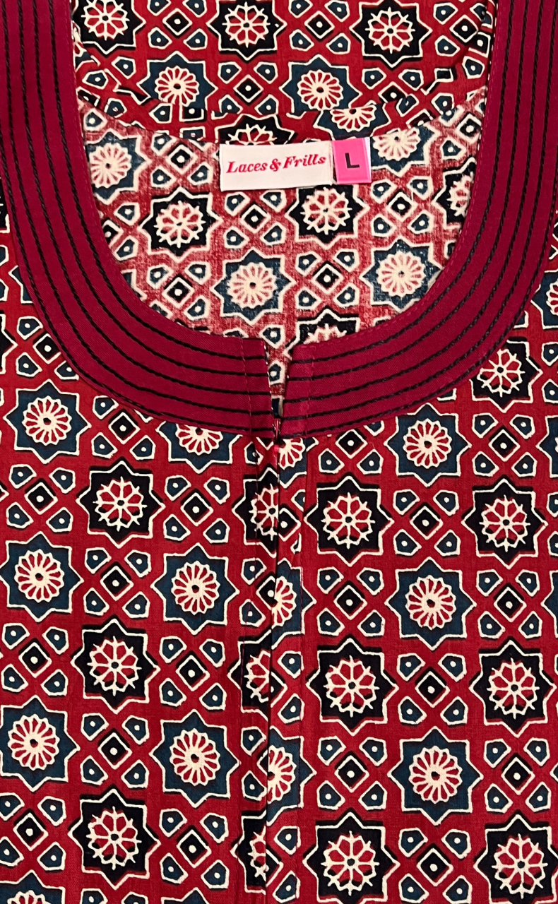 Maroon Ajrakh Pure Cotton Zip Nighty. Pure Durable Cotton | Laces and Frills