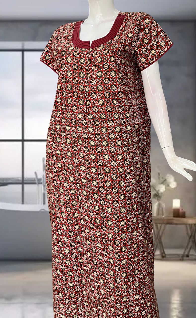 Maroon Ajrakh Pure Cotton Zip Nighty. Pure Durable Cotton | Laces and Frills