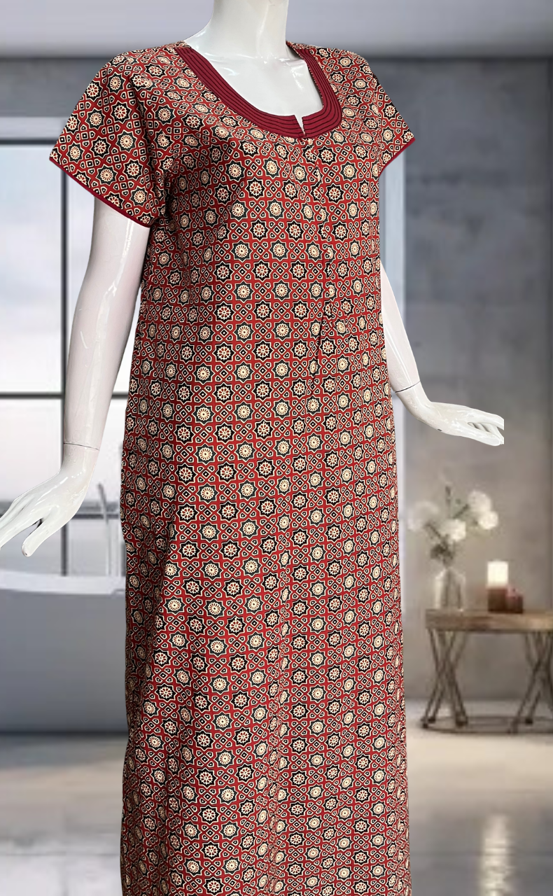 Maroon Ajrakh Pure Cotton Zip Nighty. Pure Durable Cotton | Laces and Frills