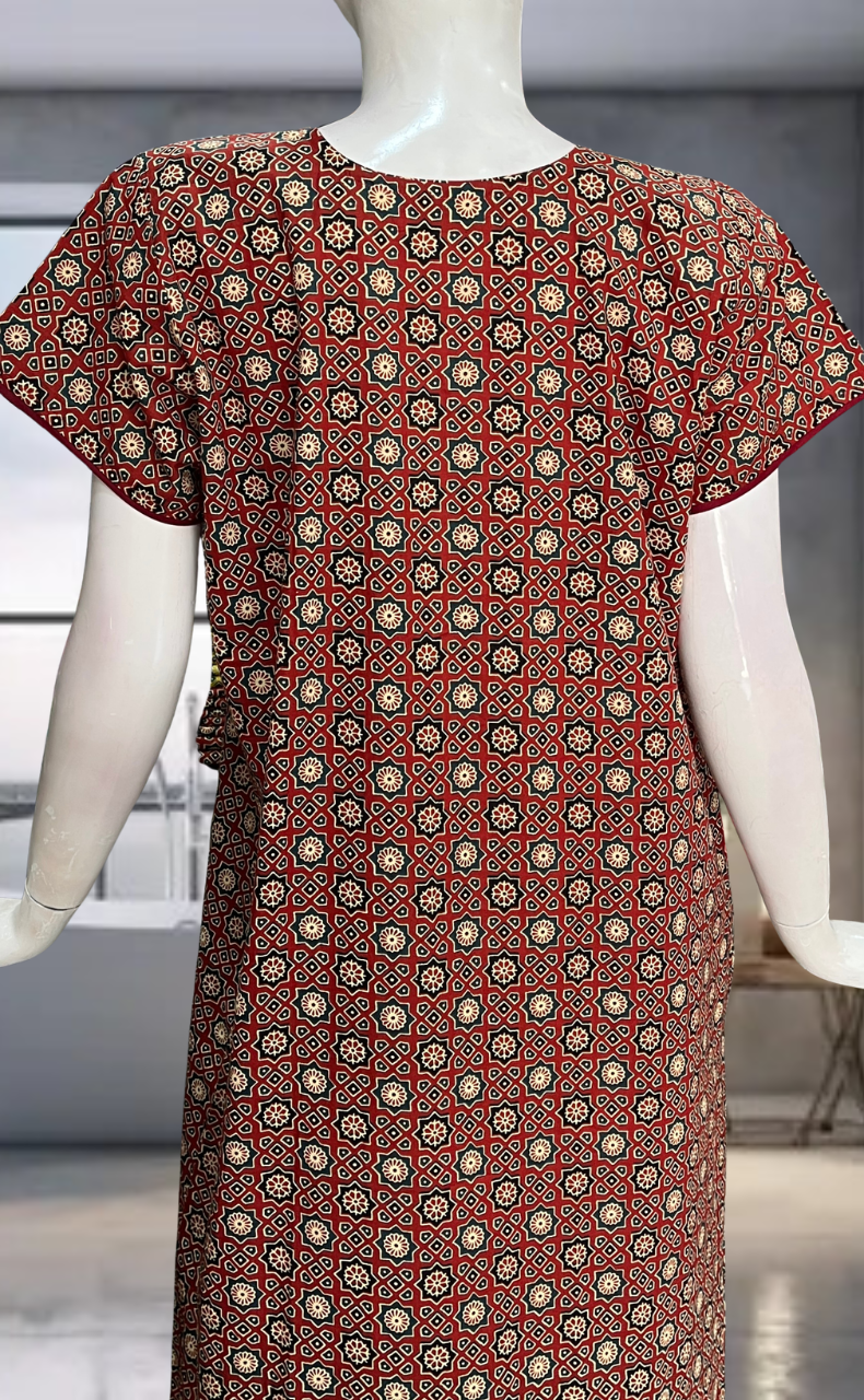 Maroon Ajrakh Pure Cotton Zip Nighty. Pure Durable Cotton | Laces and Frills