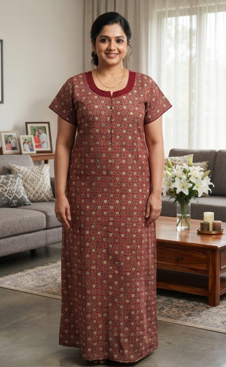 Maroon Ajrakh Pure Cotton Zip Nighty. Pure Durable Cotton | Laces and Frills