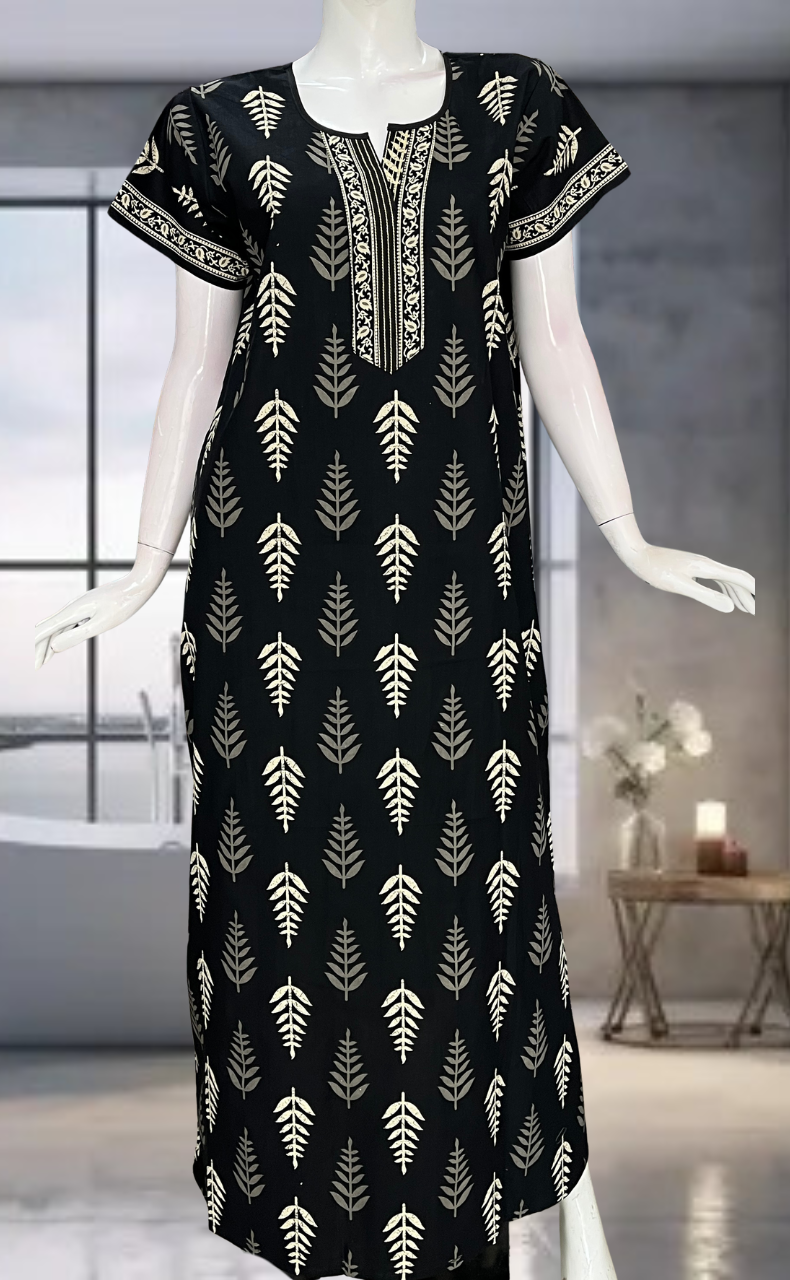 Black Leafy Pure Cotton Nighty. Pure Durable Cotton | Laces and Frills