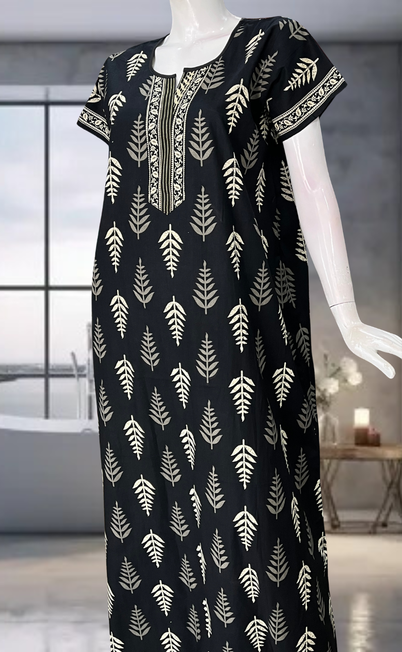 Black Leafy Pure Cotton Nighty. Pure Durable Cotton | Laces and Frills