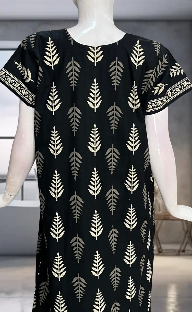 Black Leafy Pure Cotton Nighty. Pure Durable Cotton | Laces and Frills