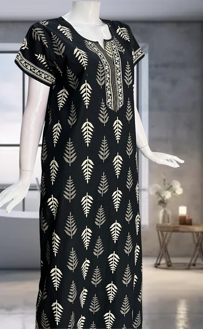 Black Leafy Pure Cotton Nighty. Pure Durable Cotton | Laces and Frills