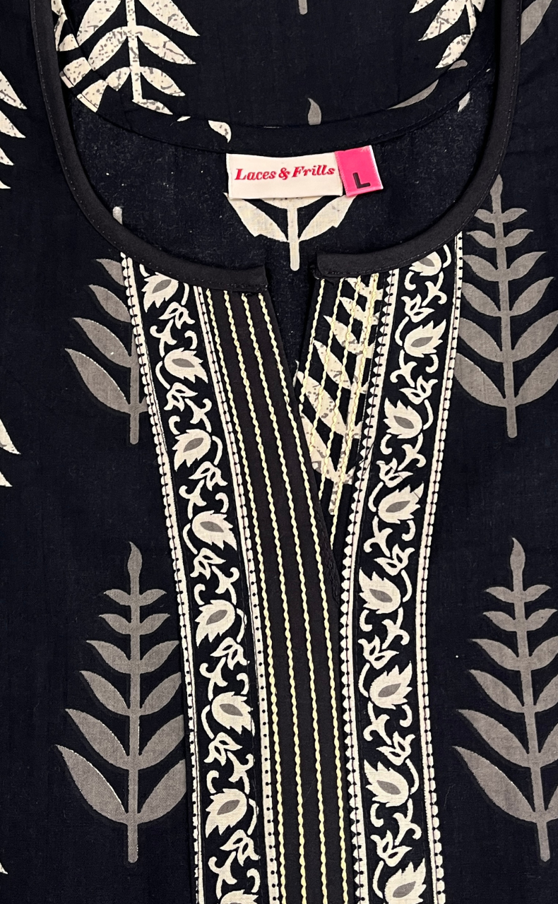 Black Leafy Pure Cotton Nighty. Pure Durable Cotton | Laces and Frills