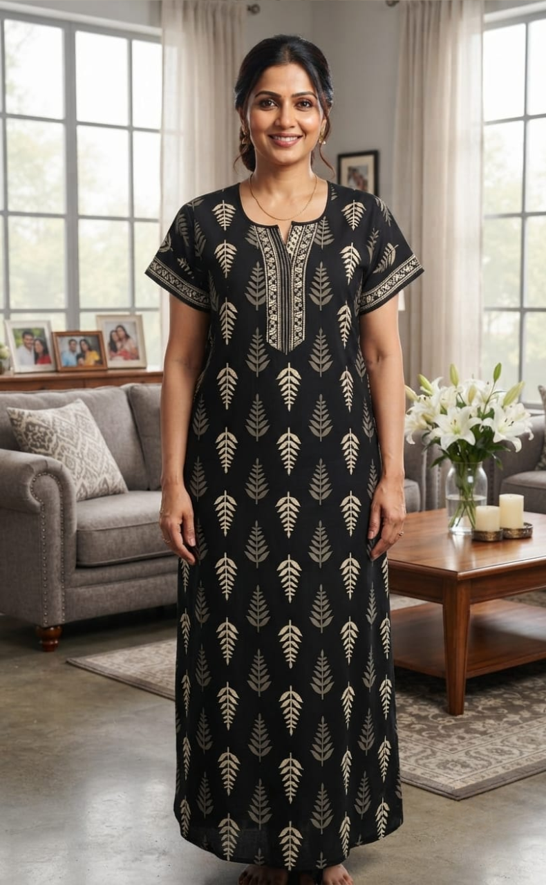 Black Leafy Pure Cotton Nighty. Pure Durable Cotton | Laces and Frills
