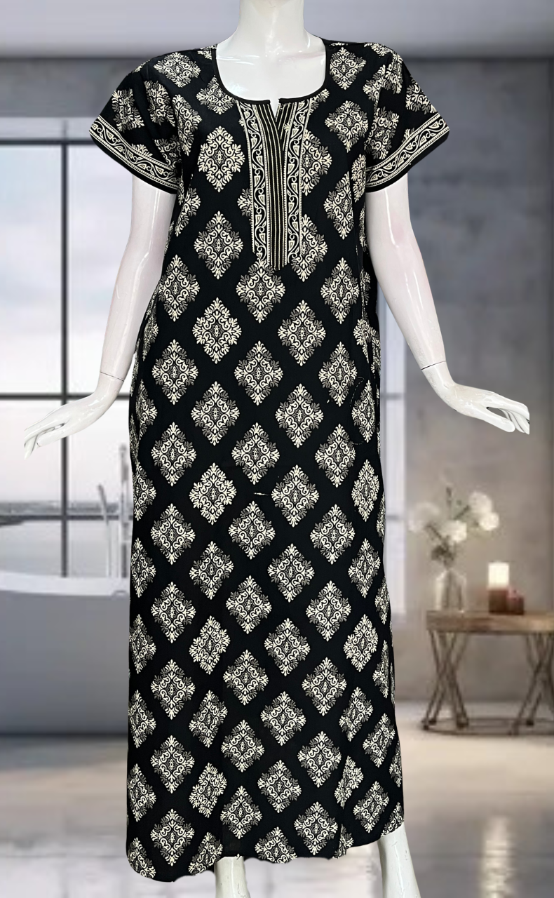 Black Ethnic Print Pure Cotton Nighty. Pure Durable Cotton | Laces and Frills