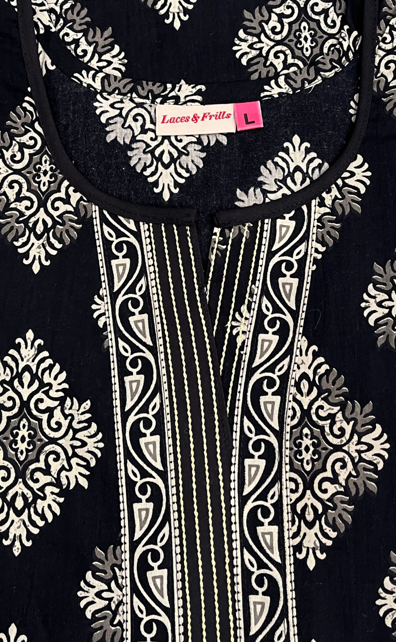 Black Ethnic Print Pure Cotton Nighty. Pure Durable Cotton | Laces and Frills