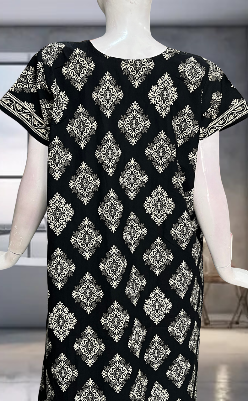 Black Ethnic Print Pure Cotton Nighty. Pure Durable Cotton | Laces and Frills