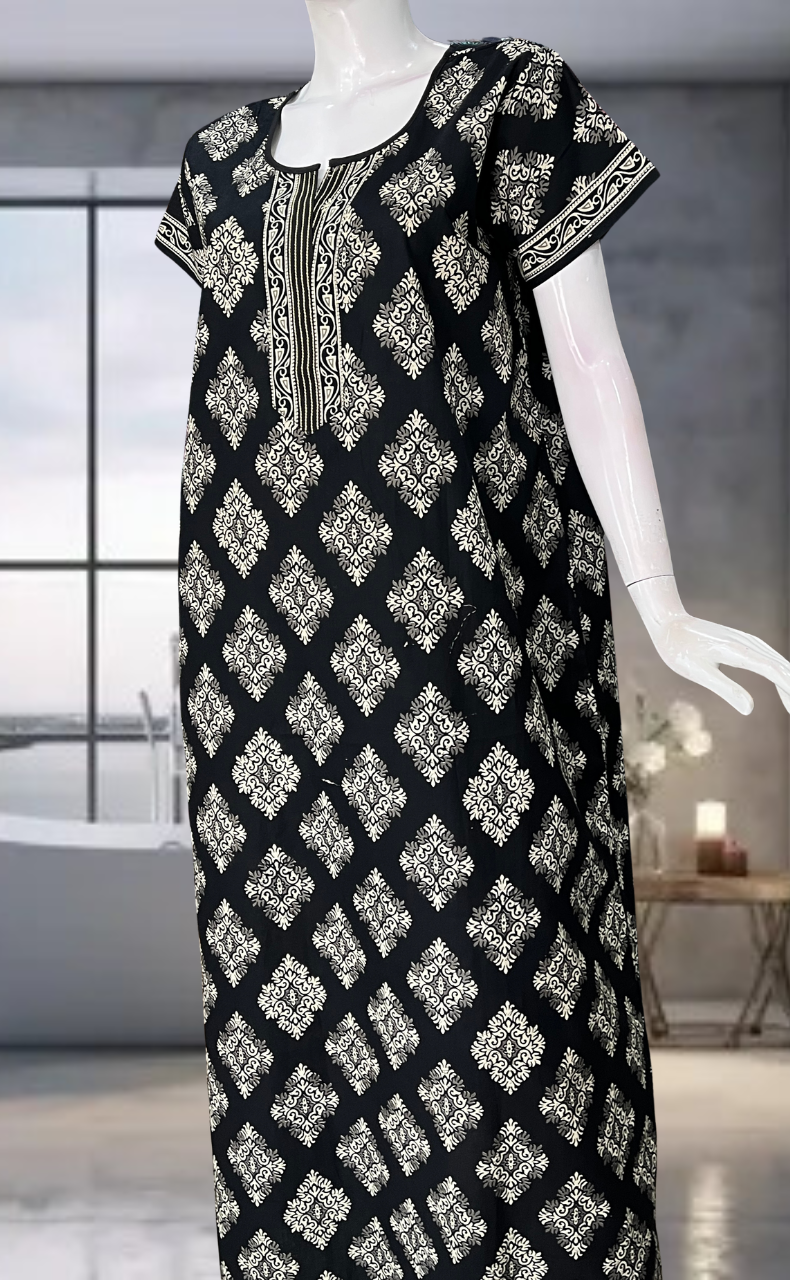 Black Ethnic Print Pure Cotton Nighty. Pure Durable Cotton | Laces and Frills