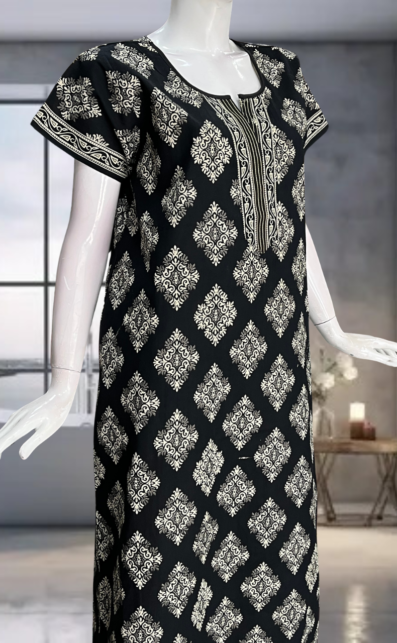 Black Ethnic Print Pure Cotton Nighty. Pure Durable Cotton | Laces and Frills