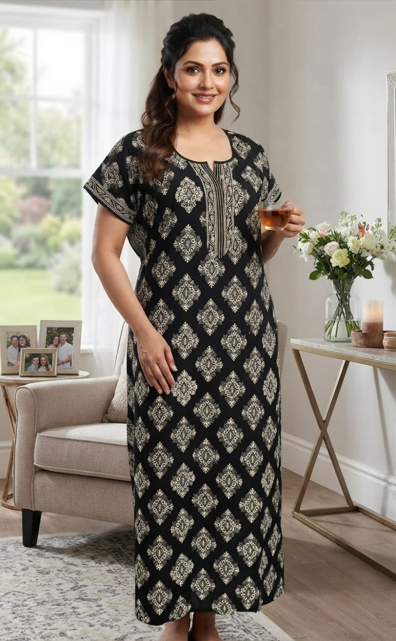 Black Ethnic Print Pure Cotton Nighty. Pure Durable Cotton | Laces and Frills