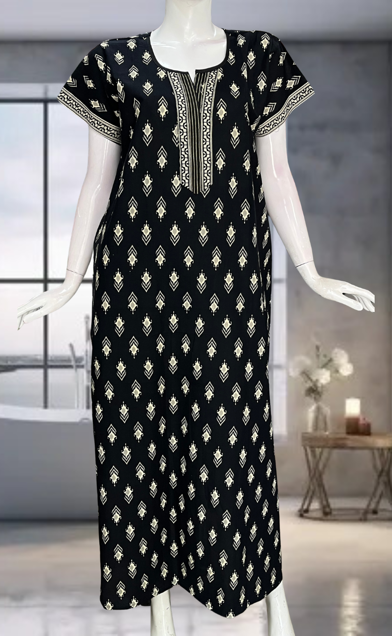 Black Ikkat Pure Cotton Nighty. Pure Durable Cotton | Laces and Frills