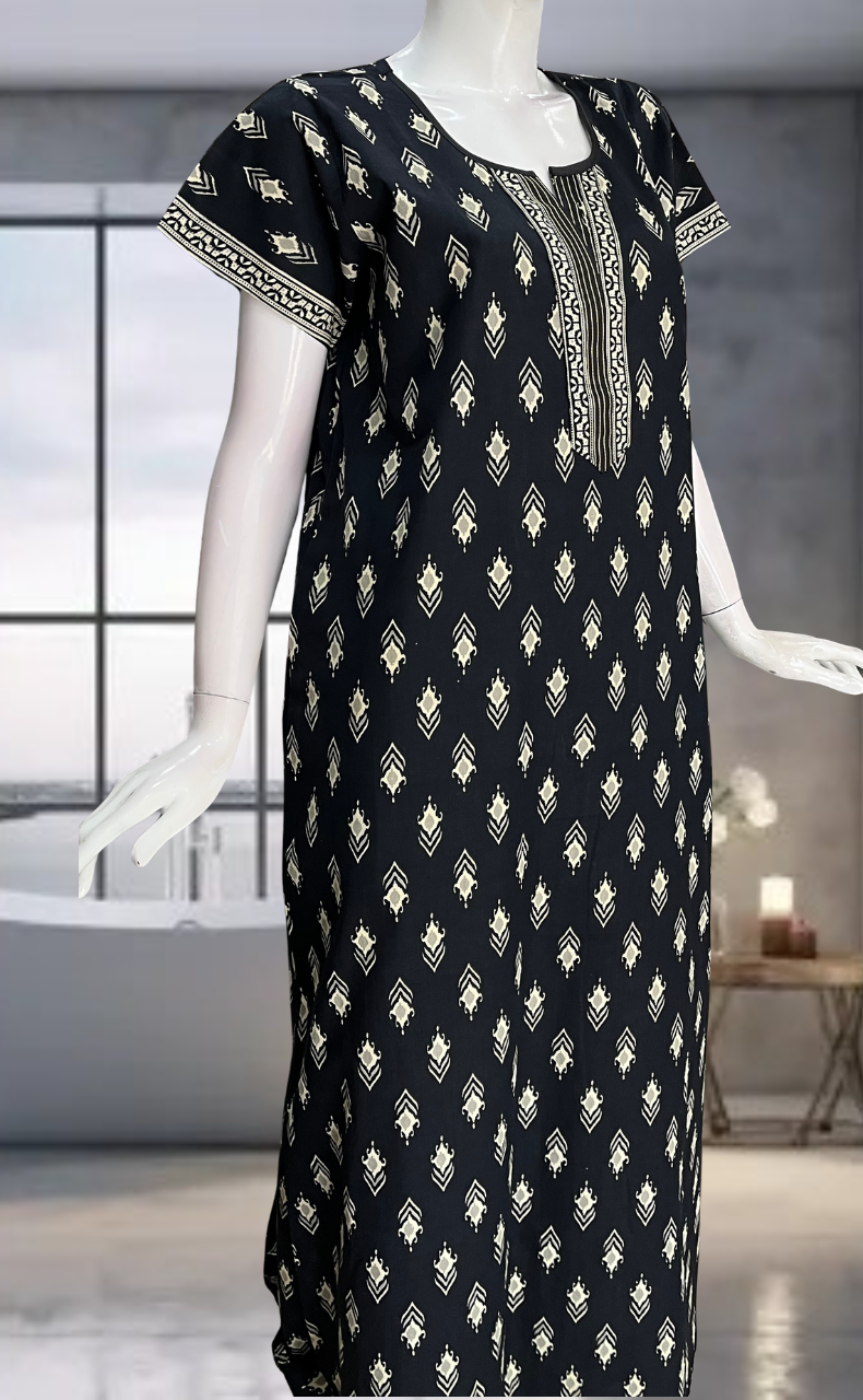Black Ikkat Pure Cotton Nighty. Pure Durable Cotton | Laces and Frills