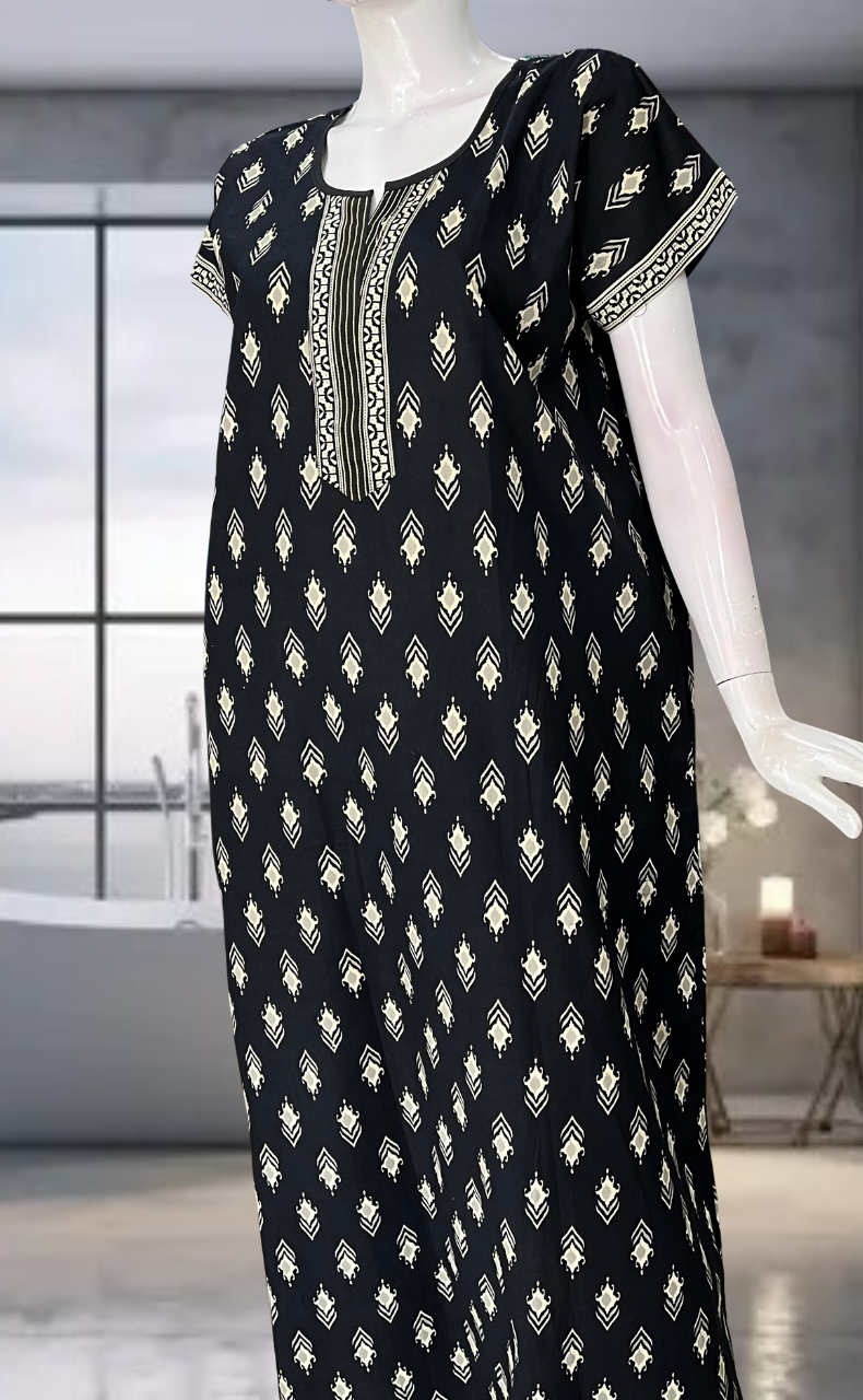 Black Ikkat Pure Cotton Nighty. Pure Durable Cotton | Laces and Frills