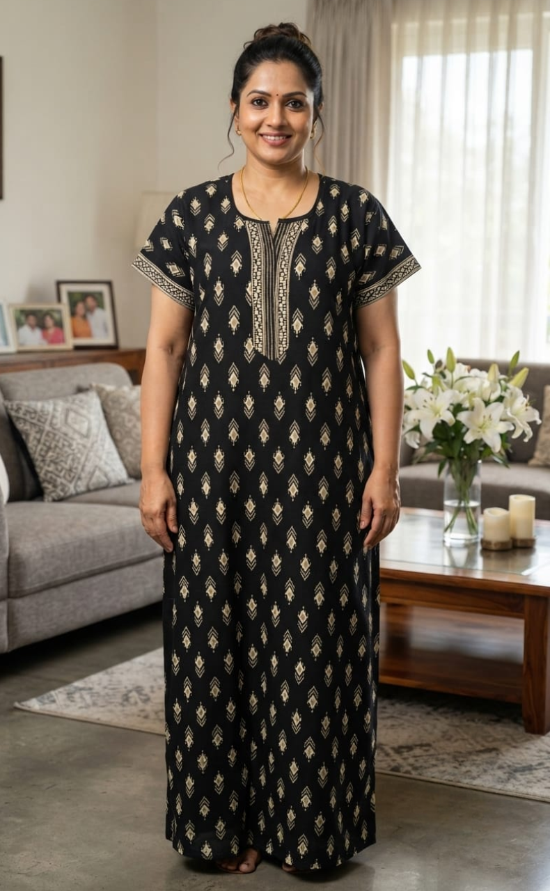 Black Ikkat Pure Cotton Nighty. Pure Durable Cotton | Laces and Frills