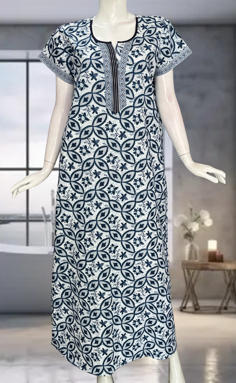 Blue Leafy Pure Cotton Nighty. Pure Durable Cotton | Laces and Frills