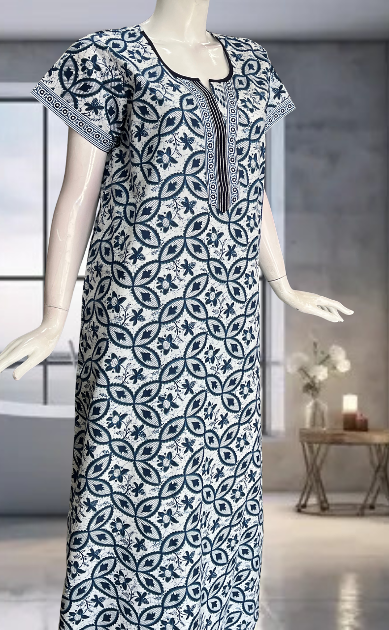 Blue Leafy Pure Cotton Nighty. Pure Durable Cotton | Laces and Frills