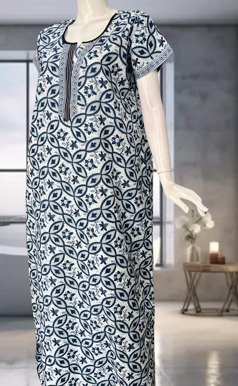 Blue Leafy Pure Cotton Nighty. Pure Durable Cotton | Laces and Frills