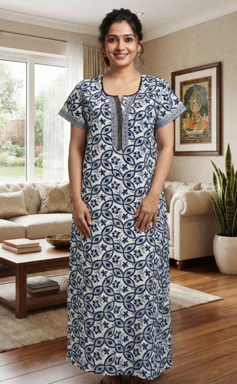 Blue Leafy Pure Cotton Nighty. Pure Durable Cotton | Laces and Frills