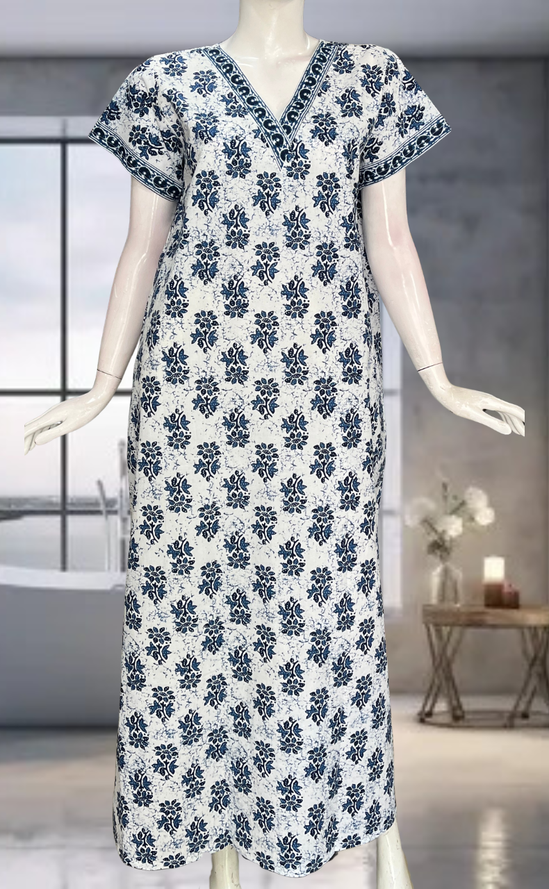 Blue Flora Pure Cotton Nighty. Pure Durable Cotton | Laces and Frills