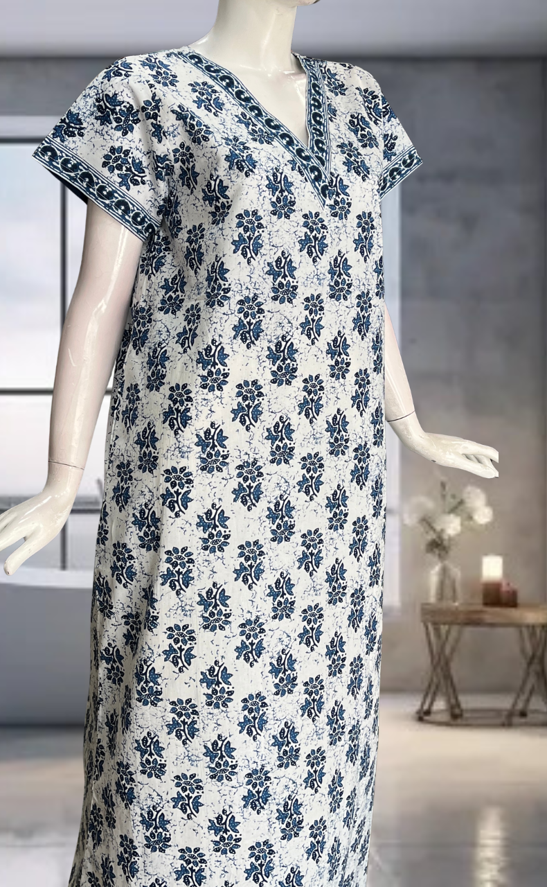 Blue Flora Pure Cotton Nighty. Pure Durable Cotton | Laces and Frills