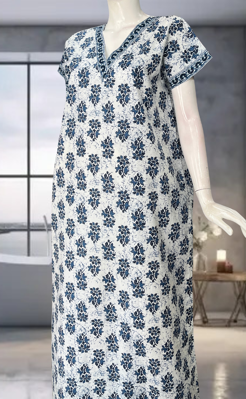 Blue Flora Pure Cotton Nighty. Pure Durable Cotton | Laces and Frills