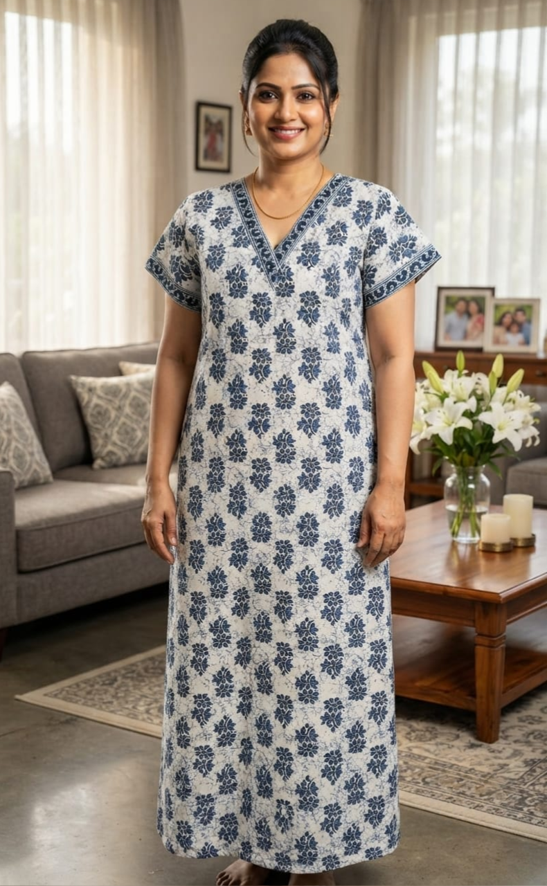 Blue Flora Pure Cotton Nighty. Pure Durable Cotton | Laces and Frills