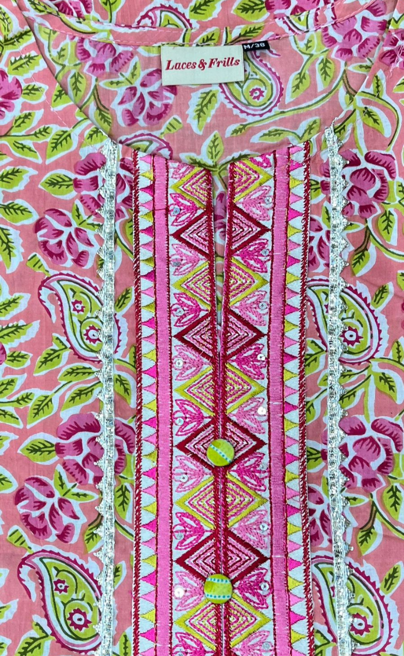 Pink Garden Kurti With Palazzo And Dupatta Set  .Pure Versatile Cotton. | Laces and Frills - Laces and Frills
