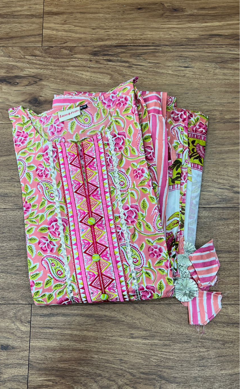 Pink Garden Kurti With Palazzo And Dupatta Set  .Pure Versatile Cotton. | Laces and Frills - Laces and Frills