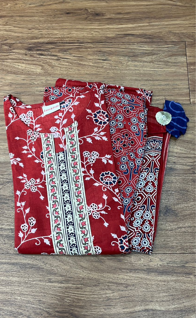 Maroon Garden Kurti With Pant And Dupatta Set  .Pure Versatile Cotton. | Laces and Frills - Laces and Frills