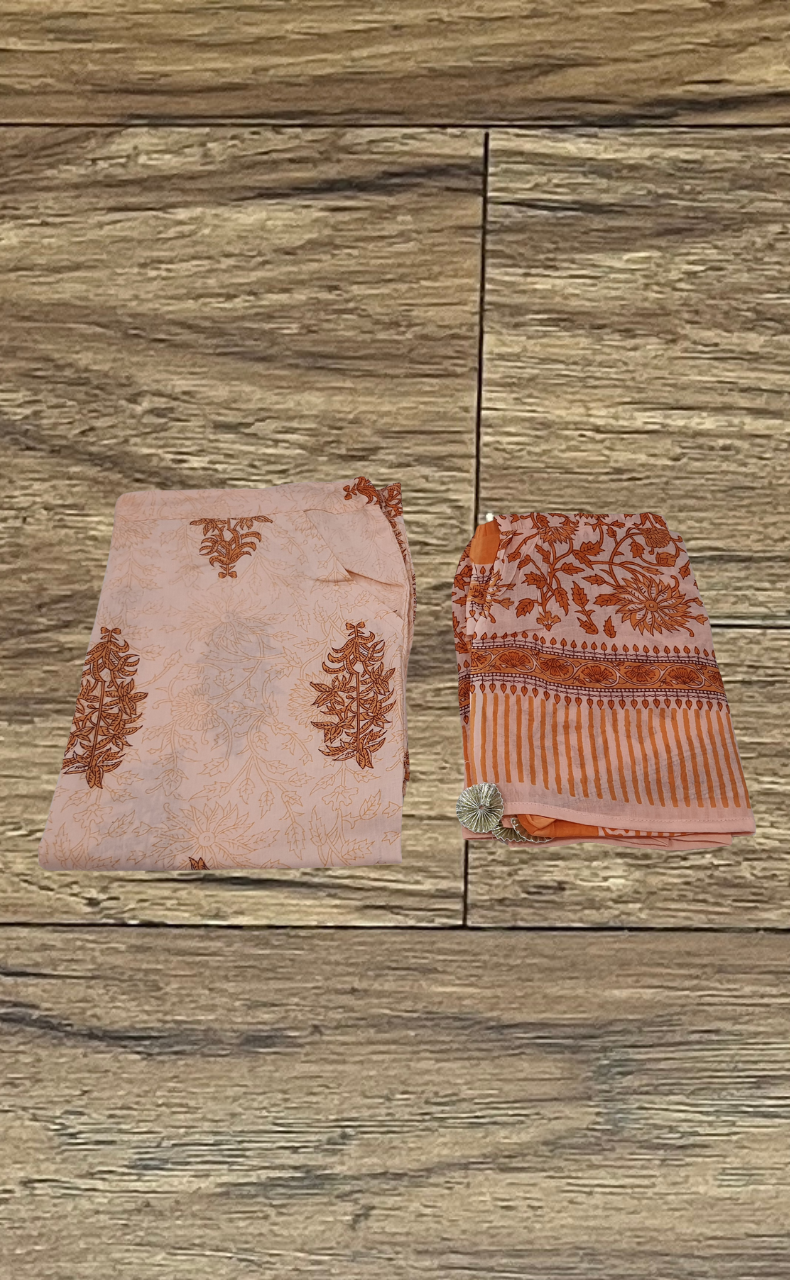 Peach/Orange Floral Kurti With Pant And Dupatta Set  .Pure Versatile Cotton. | Laces and Frills - Laces and Frills