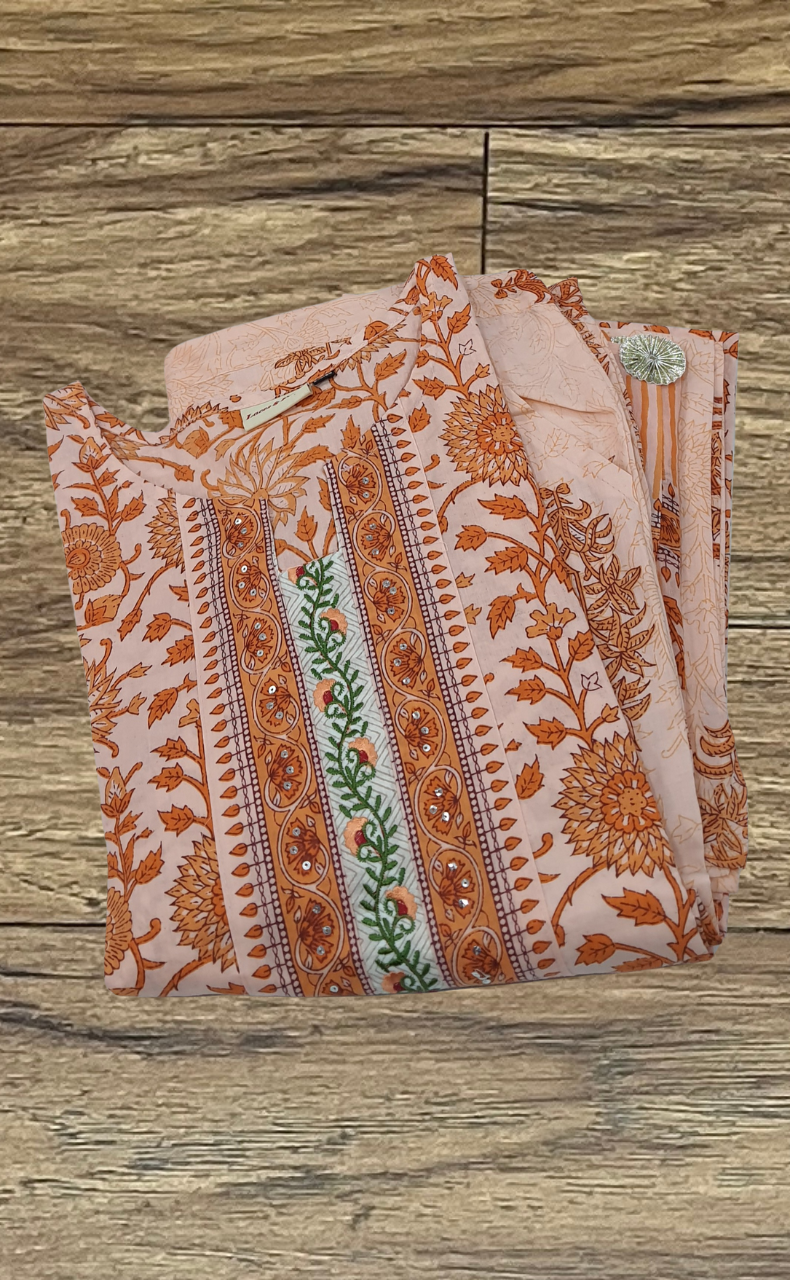 Peach/Orange Floral Kurti With Pant And Dupatta Set  .Pure Versatile Cotton. | Laces and Frills - Laces and Frills