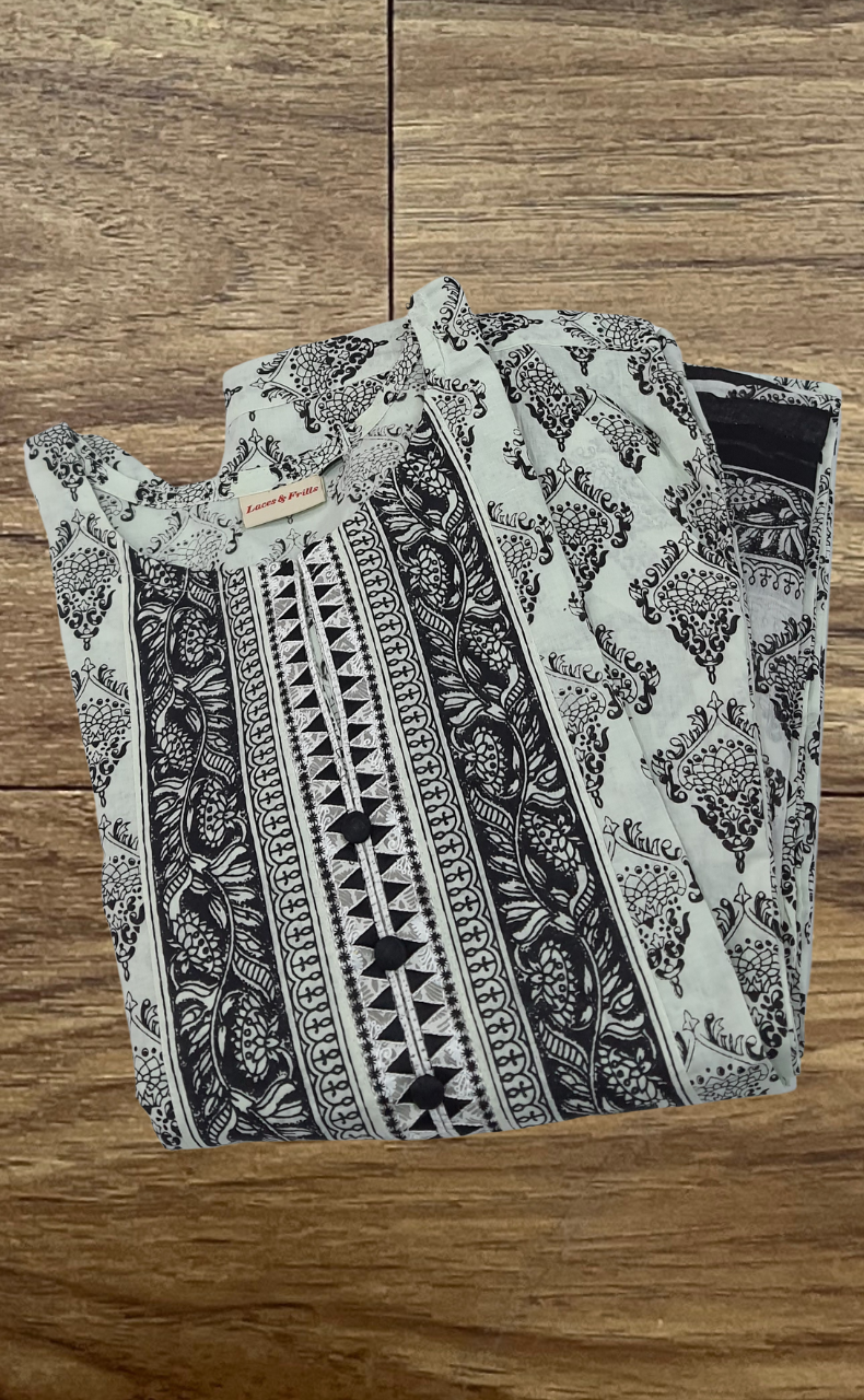 Light Green/Black Motif Kurti With Pant And Dupatta Set  .Pure Versatile Cotton. | Laces and Frills - Laces and Frills