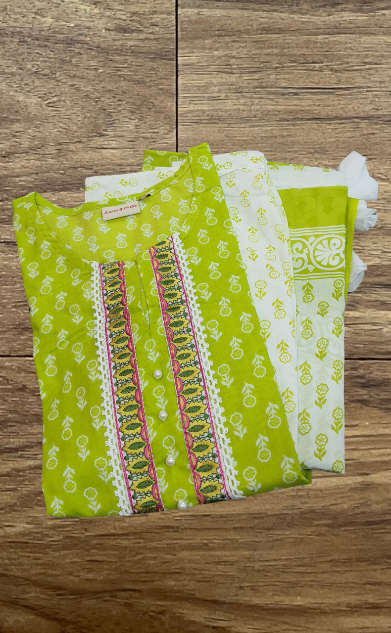 Green Butta Kurti With Pant And Dupatta Set  .Pure Versatile Cotton. | Laces and Frills - Laces and Frills