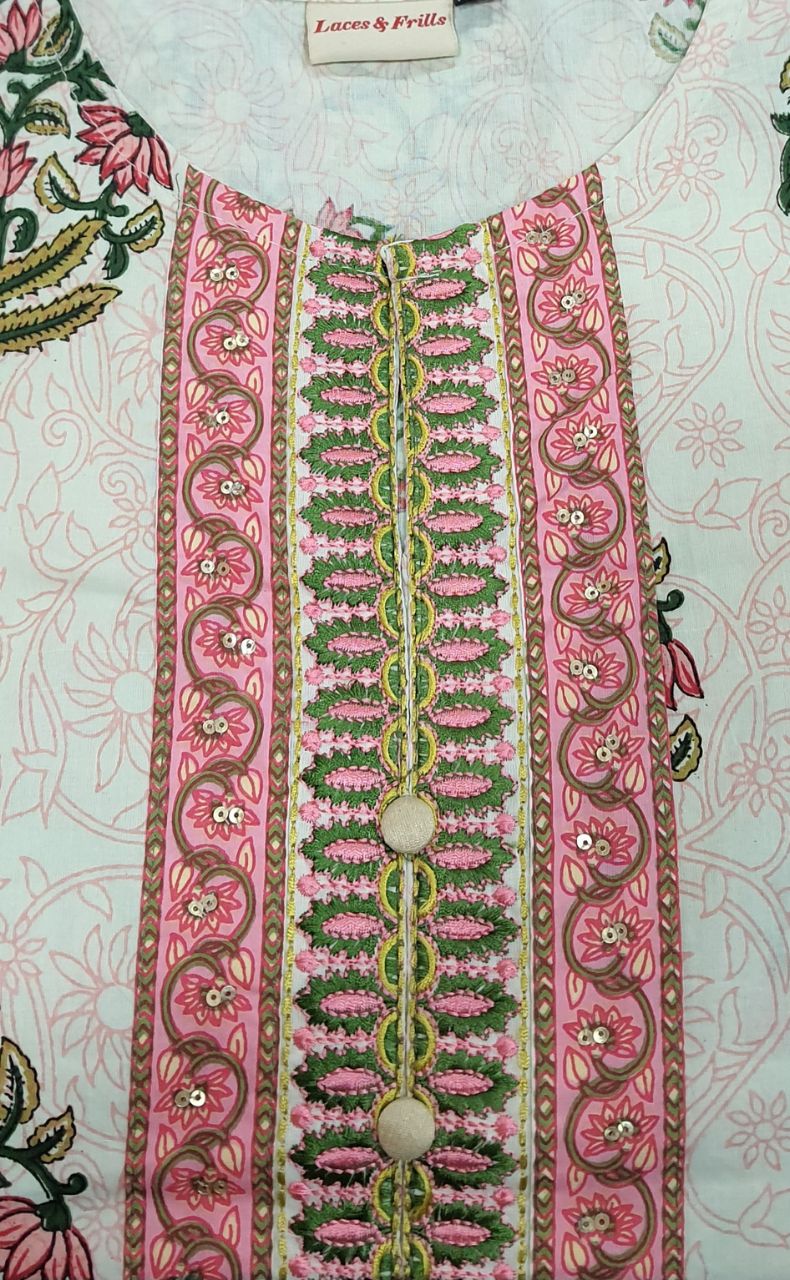 Pink Floral Jaipur Cotton Kurti With Pant And Dupatta Set. Pure Versatile Cotton. | Laces and Frills
