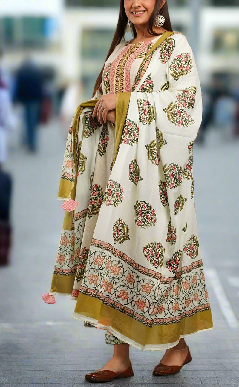 Pink Floral Jaipur Cotton Kurti With Pant And Dupatta Set. Pure Versatile Cotton. | Laces and Frills