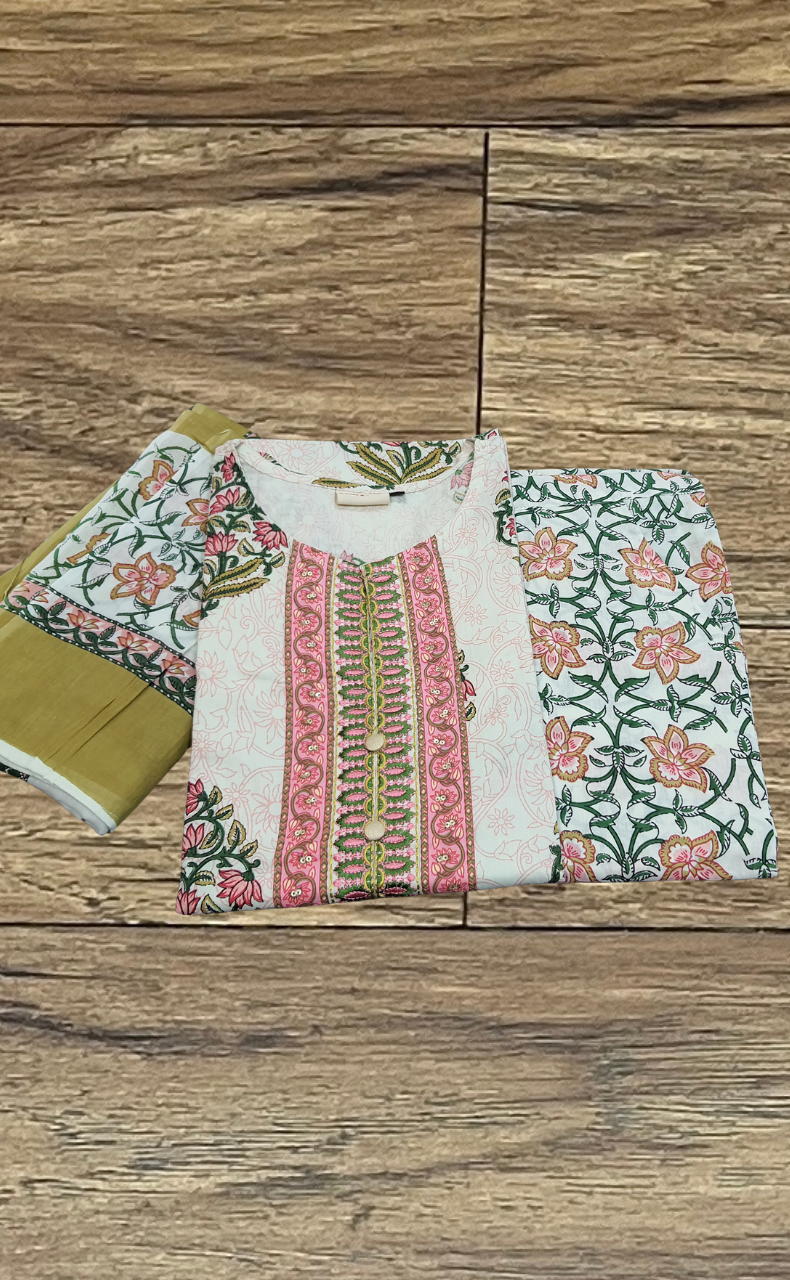 Pink Floral Jaipur Cotton Kurti With Pant And Dupatta Set. Pure Versatile Cotton. | Laces and Frills