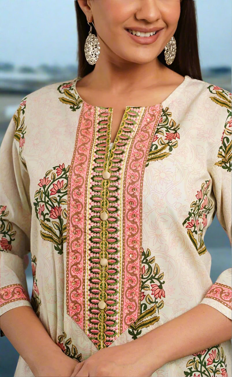 Pink Floral Jaipur Cotton Kurti With Pant And Dupatta Set. Pure Versatile Cotton. | Laces and Frills