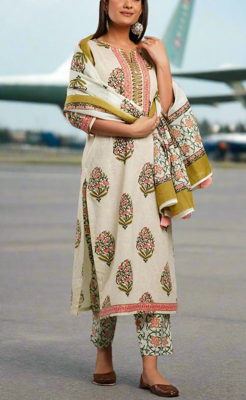 Pink Floral Jaipur Cotton Kurti With Pant And Dupatta Set. Pure Versatile Cotton. | Laces and Frills