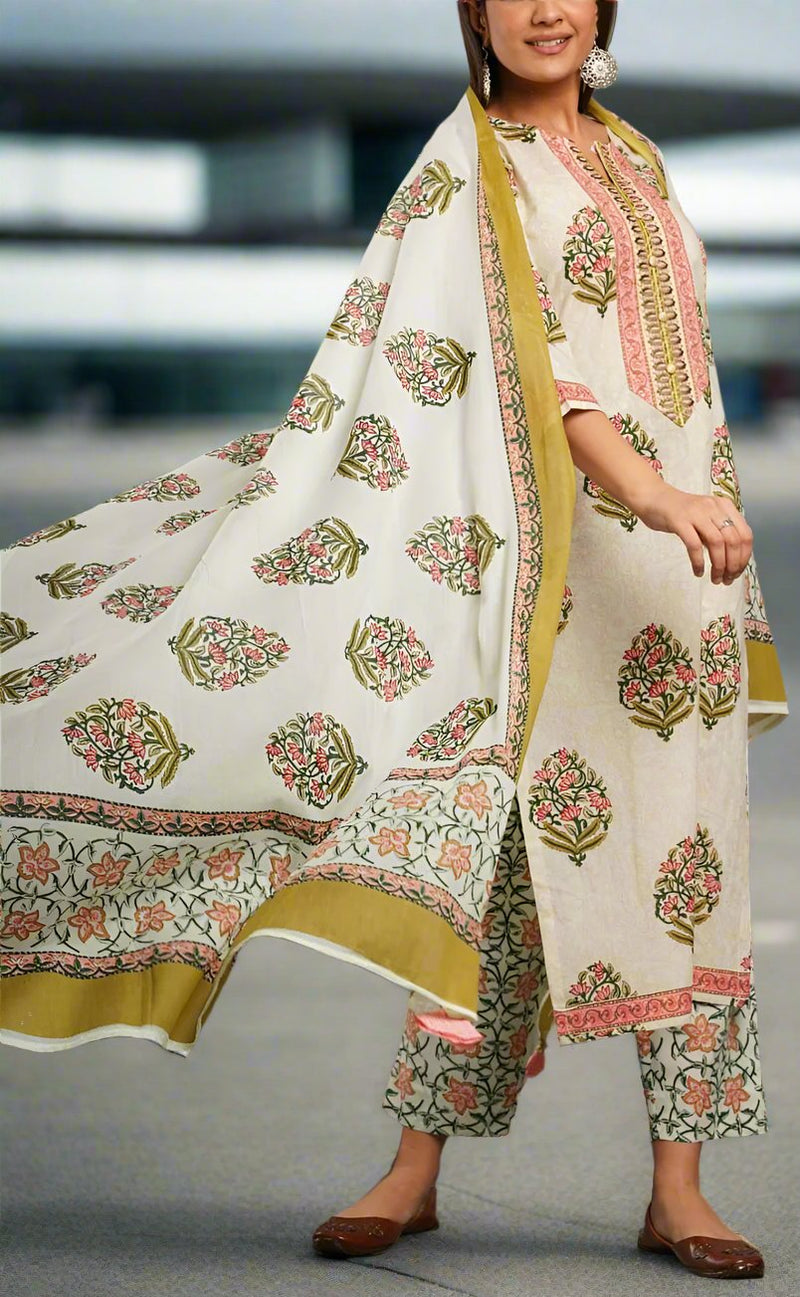 Pink Floral Jaipur Cotton Kurti With Pant And Dupatta Set. Pure Versatile Cotton. | Laces and Frills