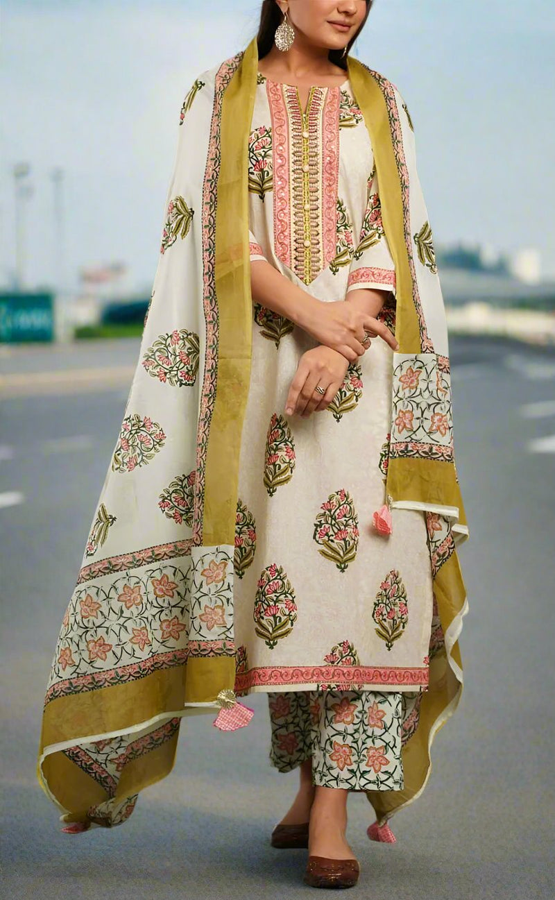 Pink Floral Jaipur Cotton Kurti With Pant And Dupatta Set. Pure Versatile Cotton. | Laces and Frills