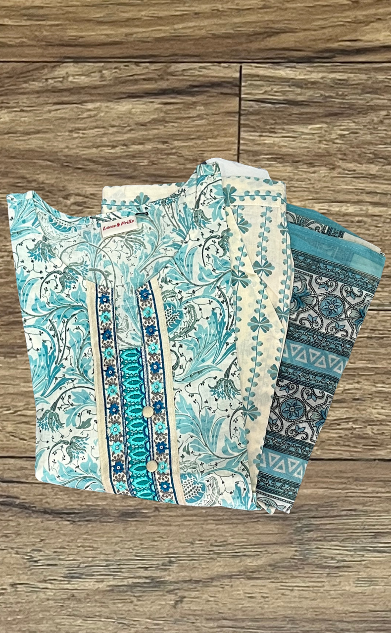 Off White/Turquoise Blue Floral Kurti With Pant And Dupatta Set  .Pure Versatile Cotton. | Laces and Frills - Laces and Frills