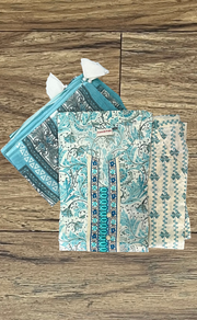 Off White/Turquoise Blue Floral Kurti With Pant And Dupatta Set  .Pure Versatile Cotton. | Laces and Frills - Laces and Frills