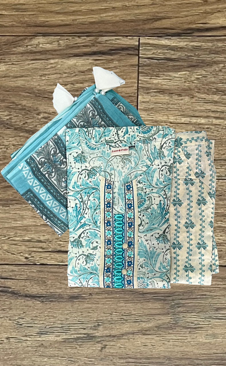 Off White/Turquoise Blue Floral Kurti With Pant And Dupatta Set  .Pure Versatile Cotton. | Laces and Frills - Laces and Frills
